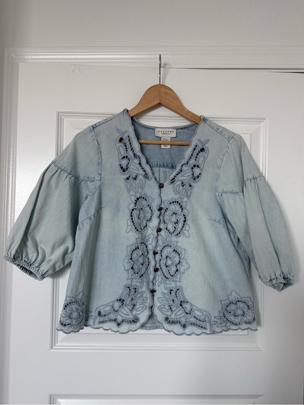 Calypso St Barth Blue Eyelet Button Down Peasant Blouse Top Chambray Floral